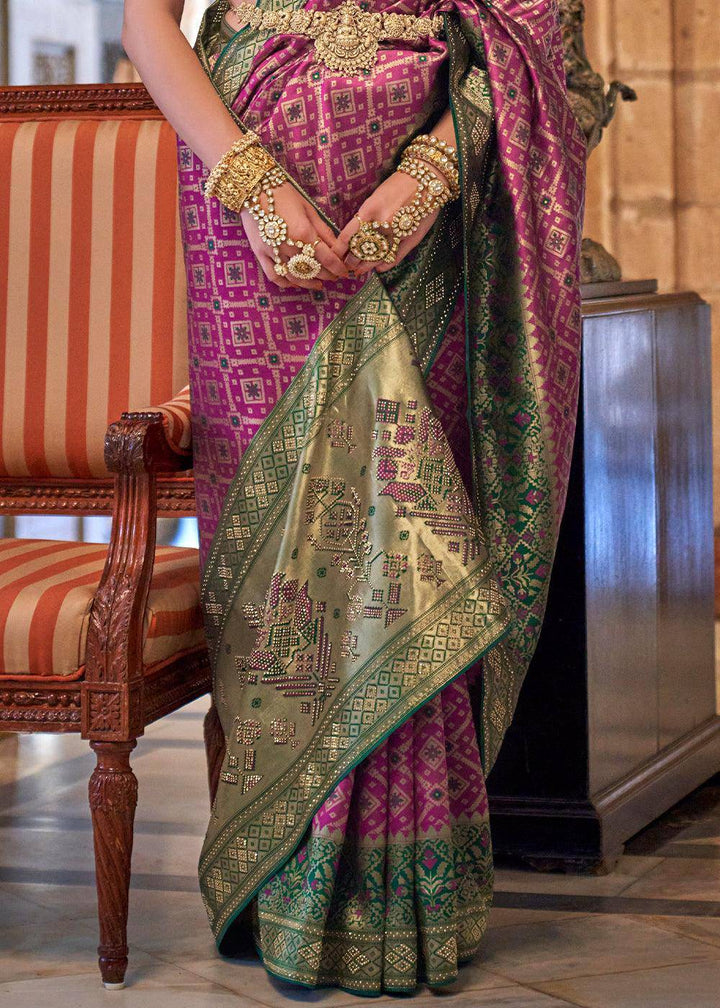 Rhubarb Purple Banarasi Jacquard Silk Saree with Swarvoski work | Stitched Blouse - qivii