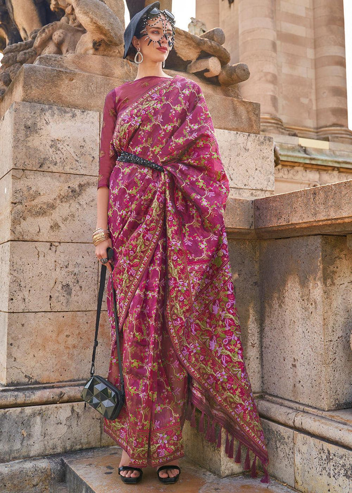 Rhubarb Purple Parsi Handloom Woven Organza Silk Saree - qivii