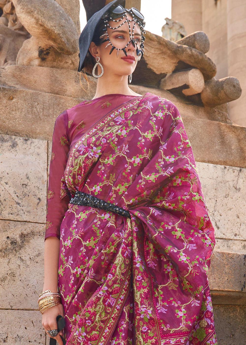 Rhubarb Purple Parsi Handloom Woven Organza Silk Saree - qivii