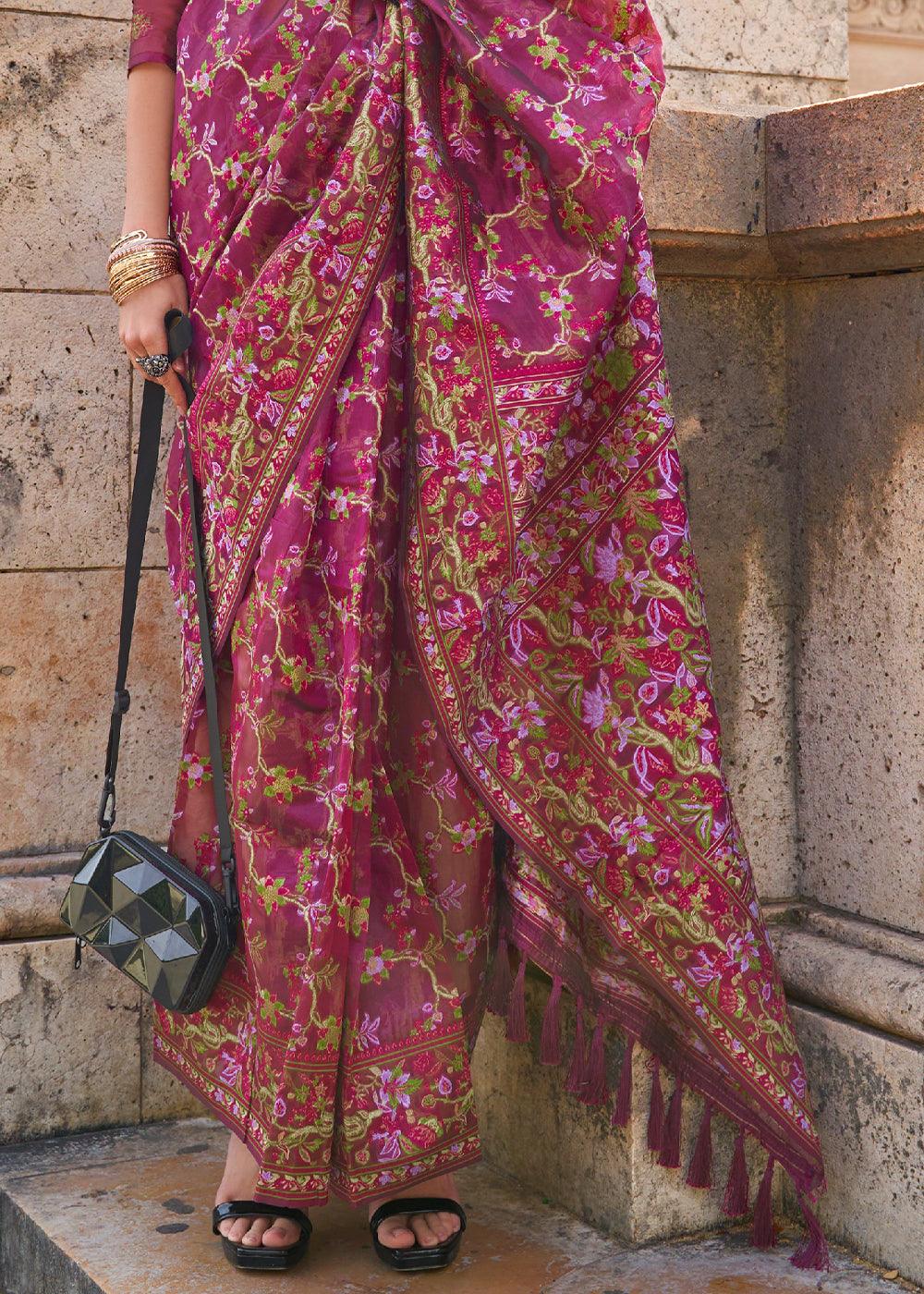 Rhubarb Purple Parsi Handloom Woven Organza Silk Saree - qivii