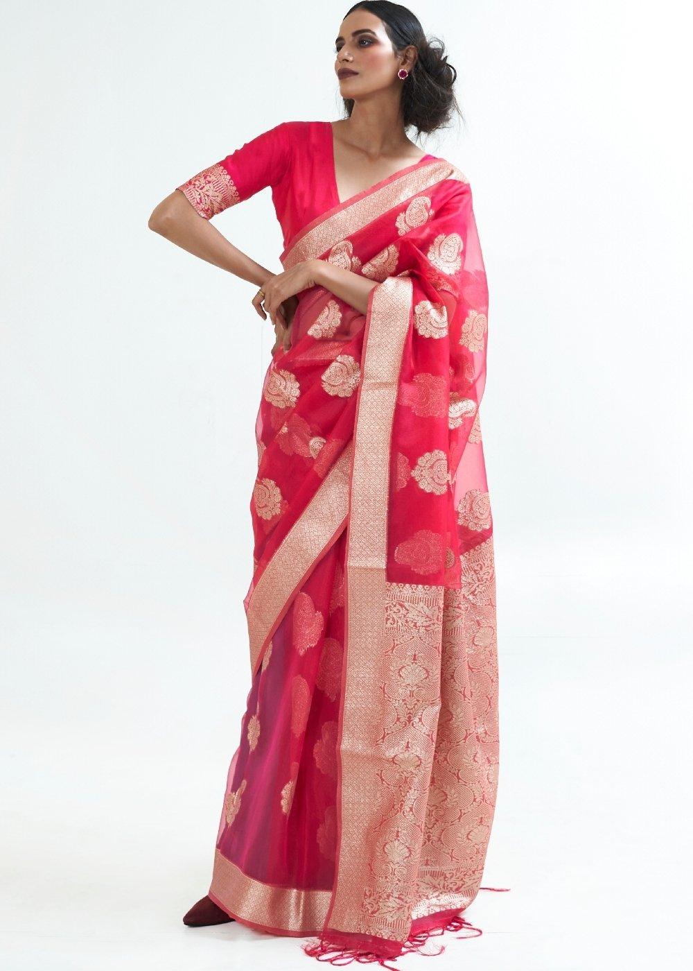 Ribbon Red Designer Woven Organza Silk Saree | Stitched Blouse - qivii