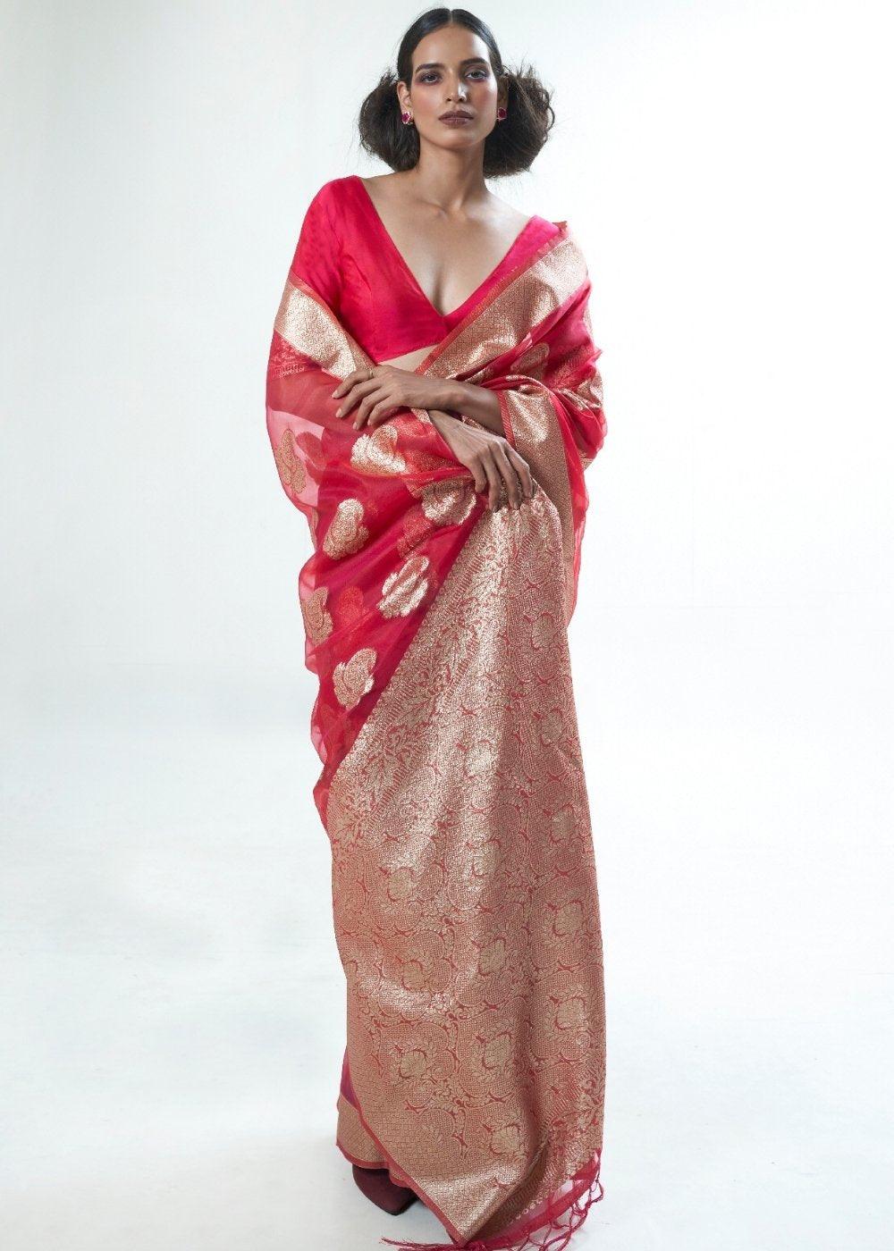 Ribbon Red Designer Woven Organza Silk Saree | Stitched Blouse - qivii