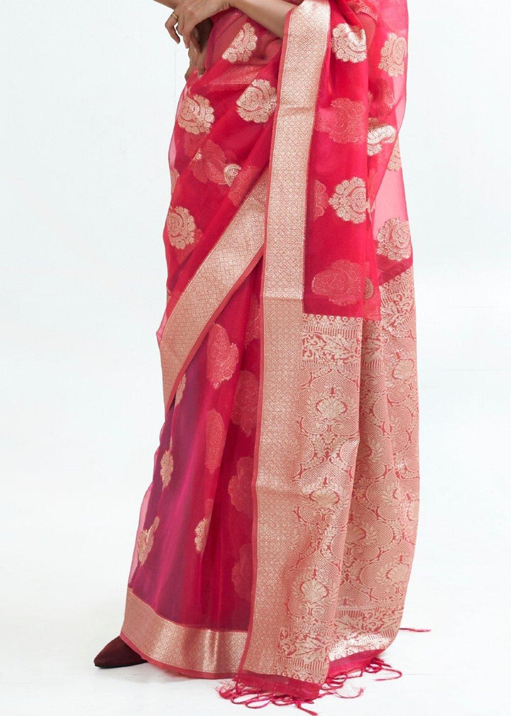 Ribbon Red Designer Woven Organza Silk Saree | Stitched Blouse - qivii