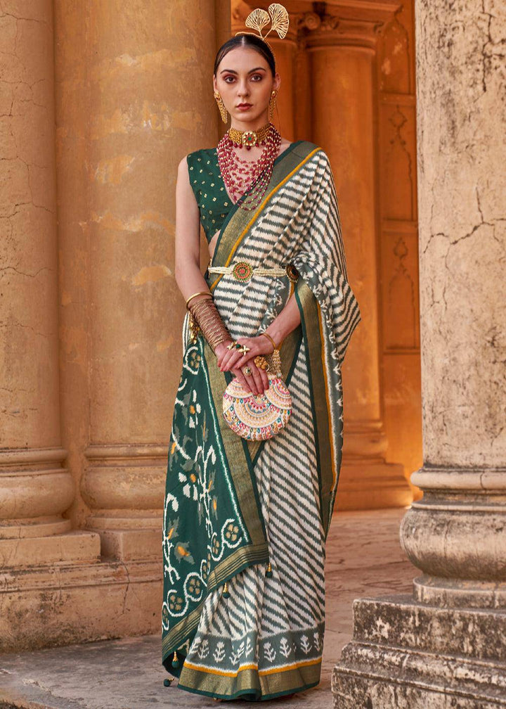 Rice White Designer Printed Silk Saree with Contrast Blouse & Pallu | Stitched Blouse - qivii