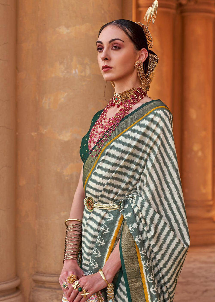 Rice White Designer Printed Silk Saree with Contrast Blouse & Pallu | Stitched Blouse - qivii