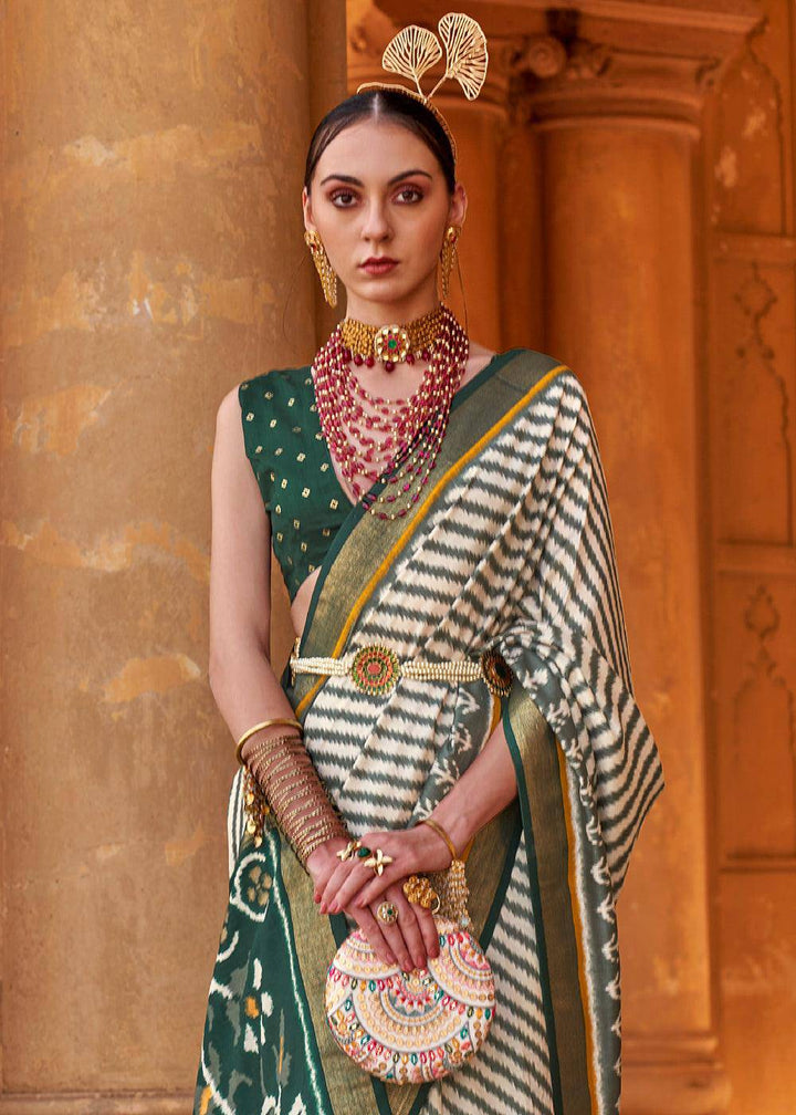 Rice White Designer Printed Silk Saree with Contrast Blouse & Pallu | Stitched Blouse - qivii