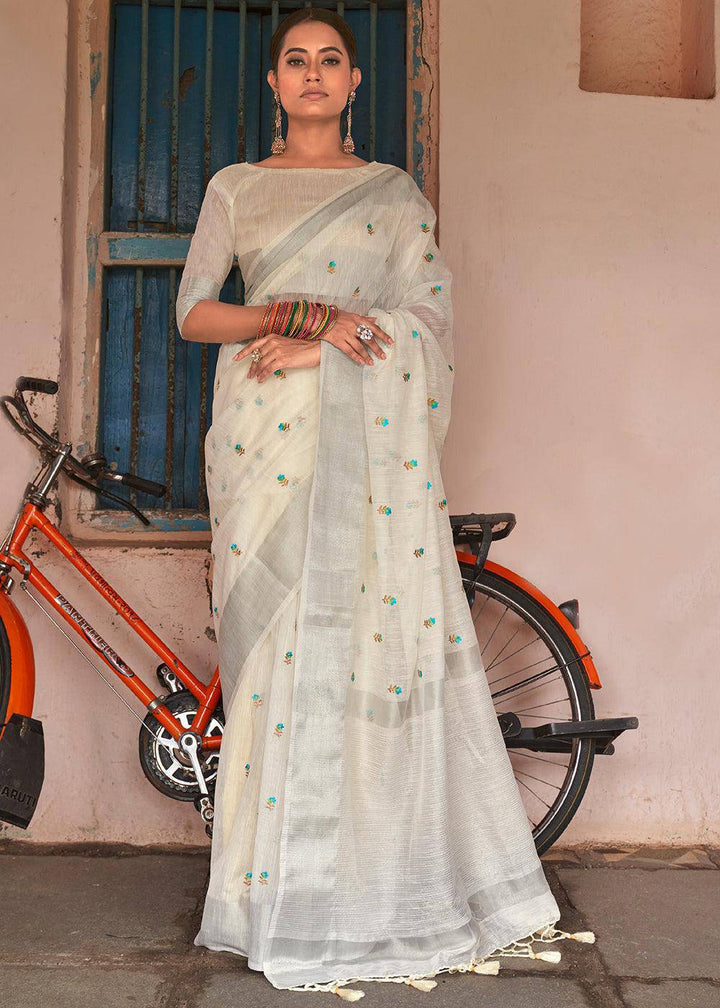 Rice White Floral Embroidered Linen Saree | Stitched Blouse - qivii