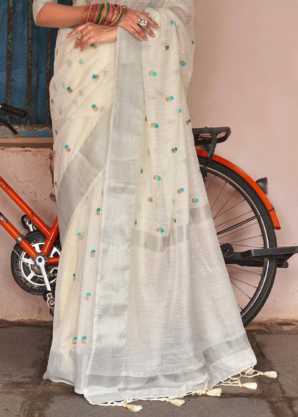 Rice White Floral Embroidered Linen Saree | Stitched Blouse - qivii