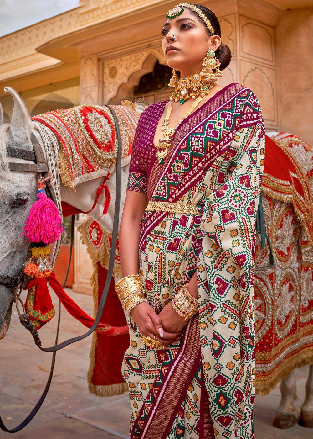 Rice White Patola Printed Designer Silk Saree | Stitched Blouse - qivii