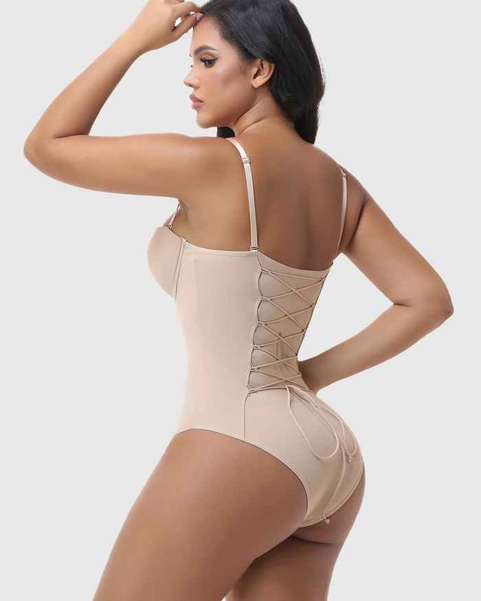 Front Zip Adjustable Strap Back Lace Up Bodysuit Tummy Control Shapewear