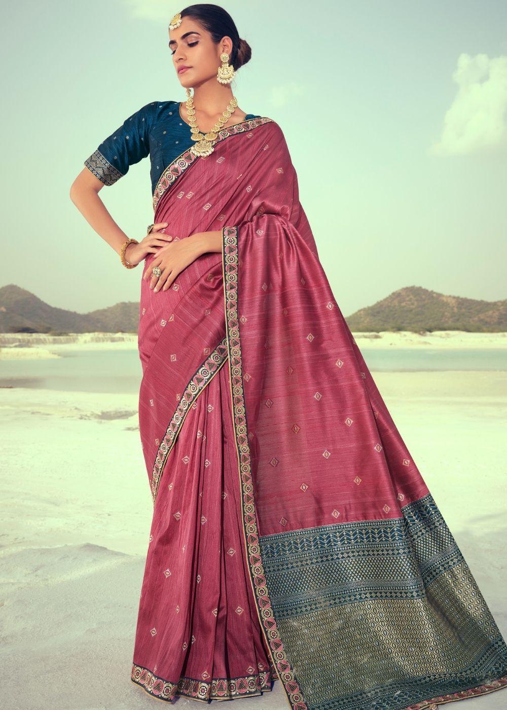 Rose Gold Pink Woven Banarasi Silk Saree with Embroidered Border & Swarovski work | Stitched Blouse - qivii