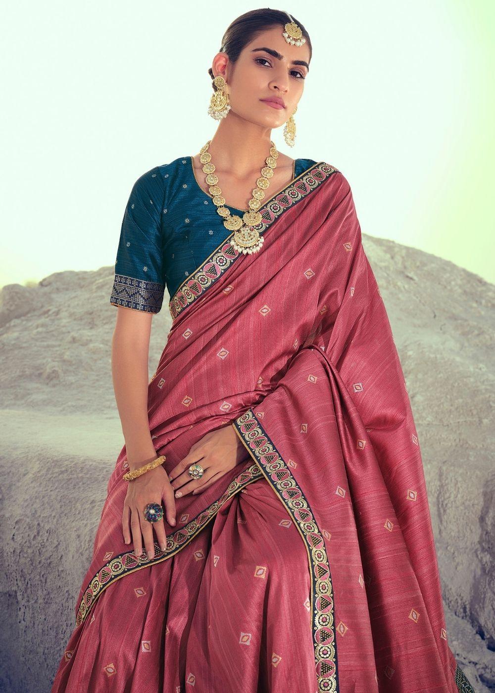 Rose Gold Pink Woven Banarasi Silk Saree with Embroidered Border & Swarovski work | Stitched Blouse - qivii