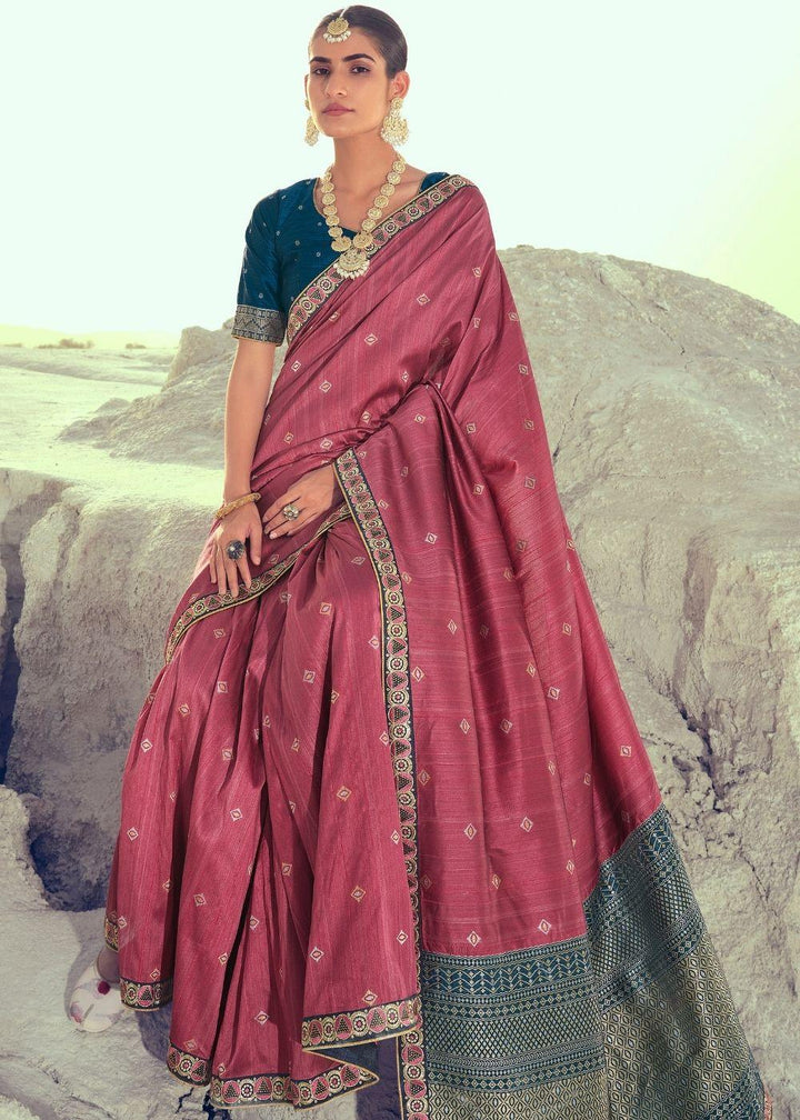 Rose Gold Pink Woven Banarasi Silk Saree with Embroidered Border & Swarovski work | Stitched Blouse - qivii