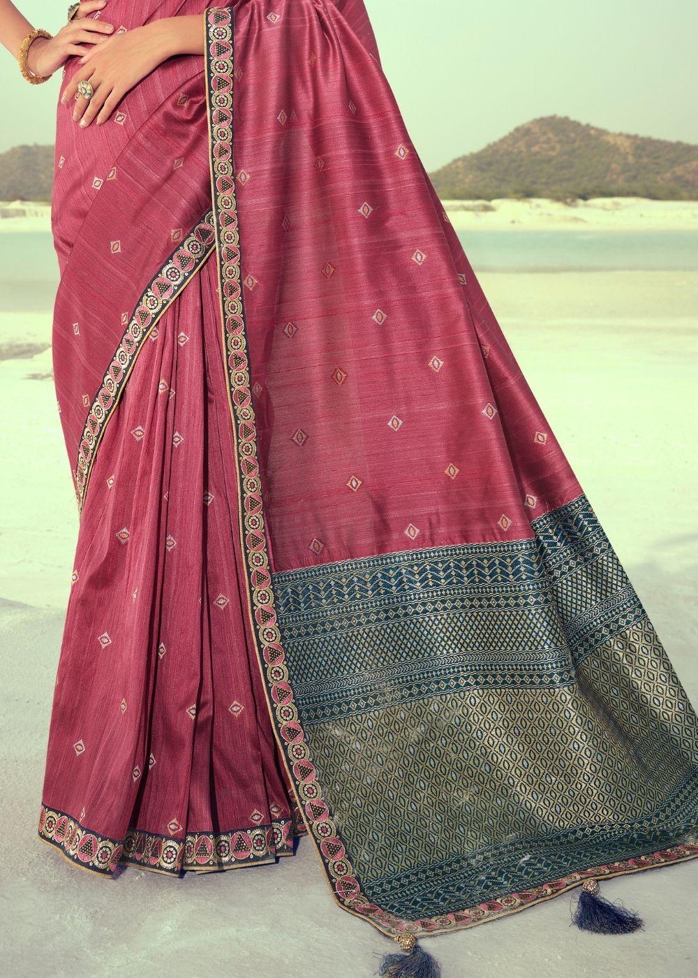 Rose Gold Pink Woven Banarasi Silk Saree with Embroidered Border & Swarovski work | Stitched Blouse - qivii