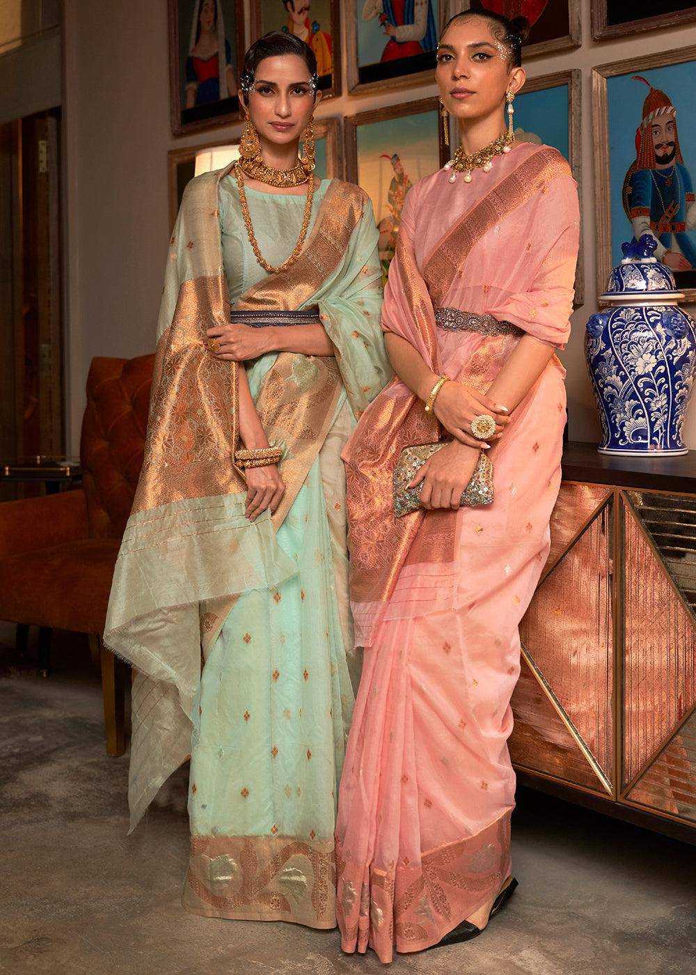 Rose Pink Copper Zari Handloom Woven Silk Saree | Stitched Blouse - qivii