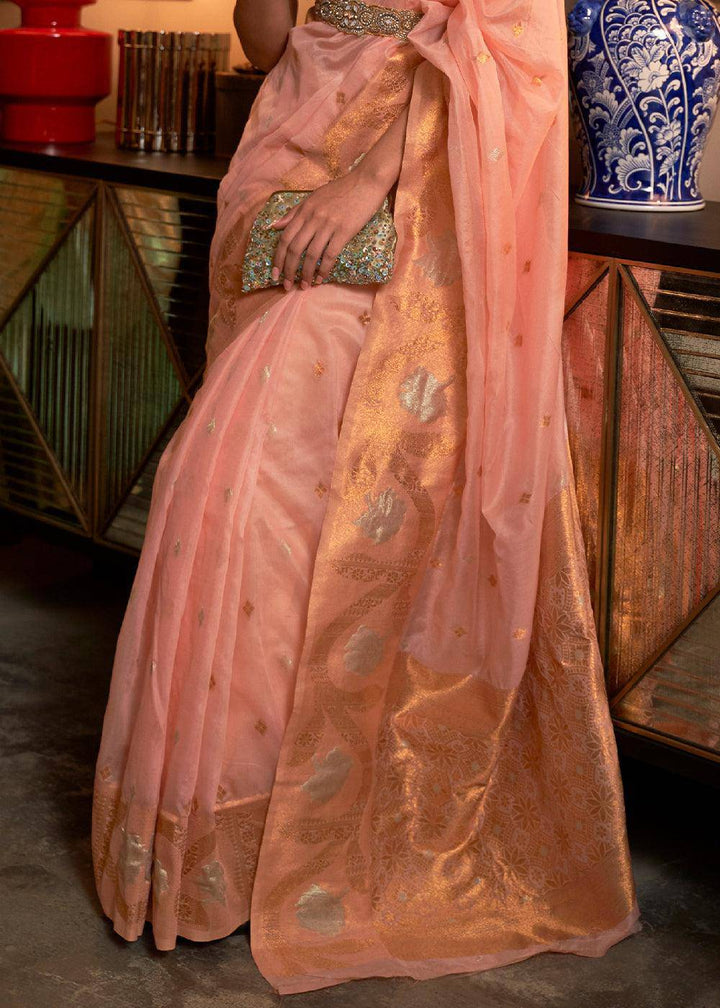 Rose Pink Copper Zari Handloom Woven Silk Saree | Stitched Blouse - qivii