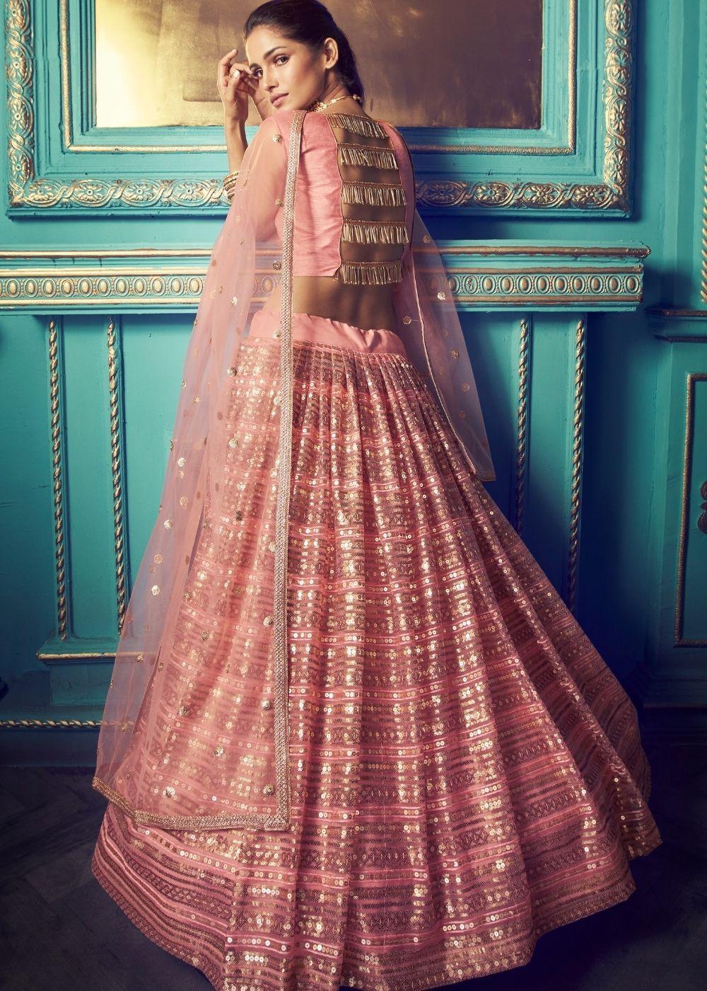 Rose Pink Designer Soft Net Lehenga Choli with Sequin and Thread work - qivii