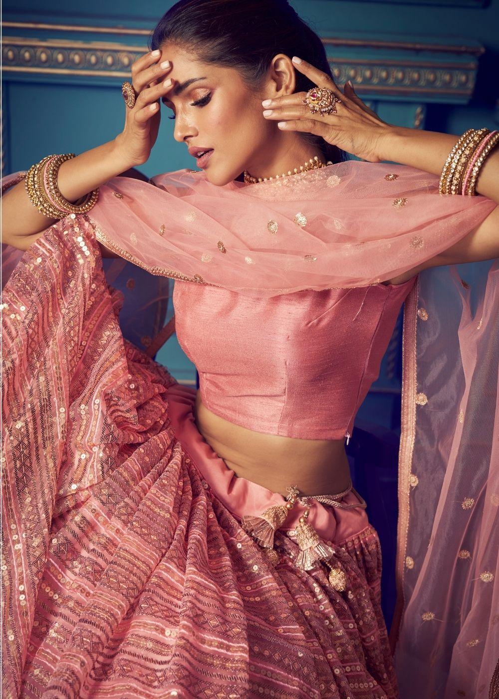 Rose Pink Designer Soft Net Lehenga Choli with Sequin and Thread work - qivii