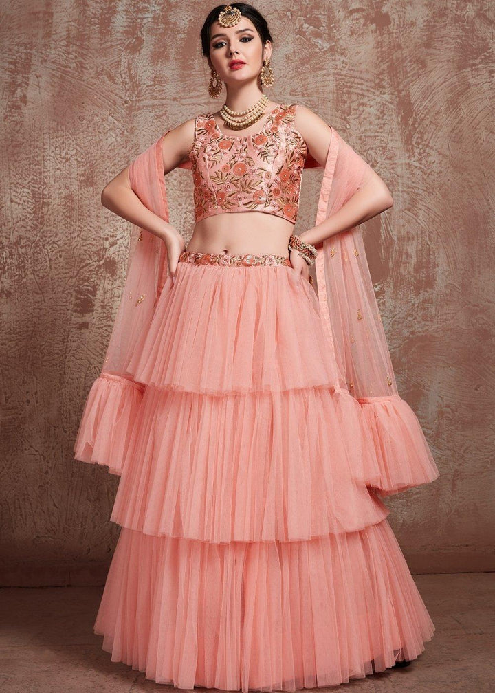 Rose Pink Designer Soft Net Lehenga with Sequins, Zari & Pearl work - qivii