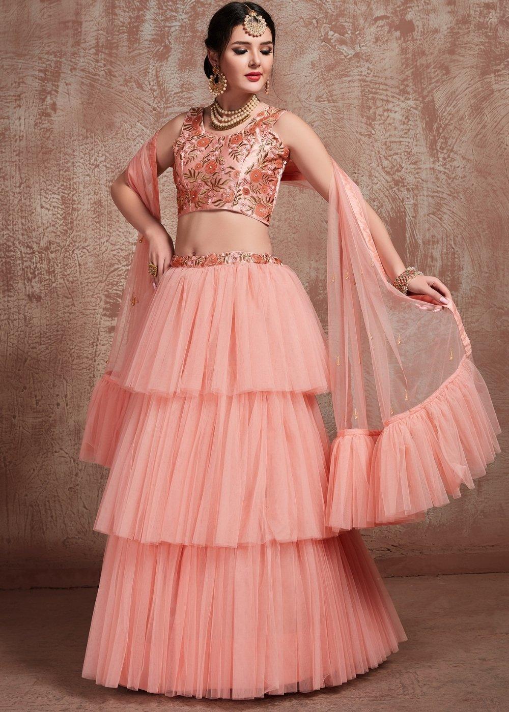 Rose Pink Designer Soft Net Lehenga with Sequins, Zari & Pearl work - qivii