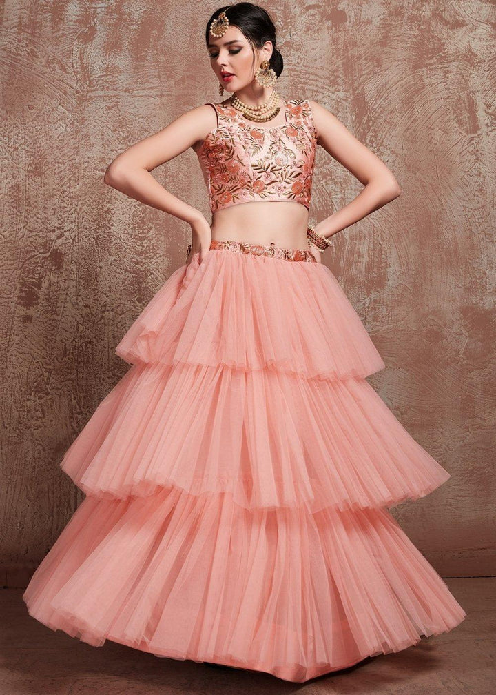 Rose Pink Designer Soft Net Lehenga with Sequins, Zari & Pearl work - qivii