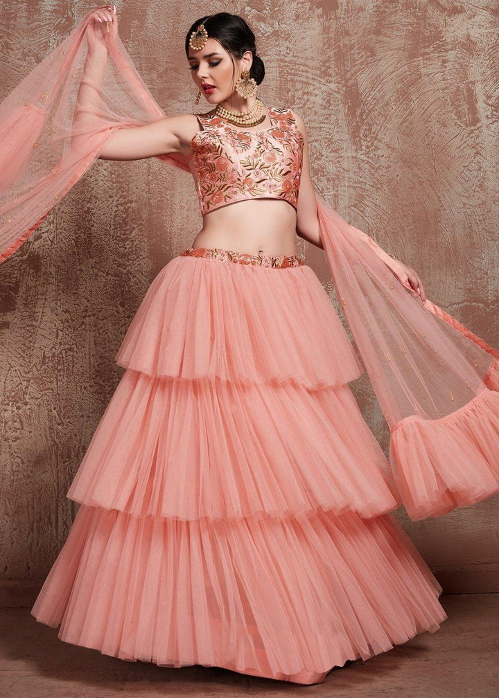 Rose Pink Designer Soft Net Lehenga with Sequins, Zari & Pearl work - qivii