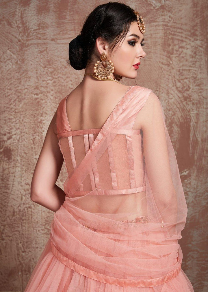 Rose Pink Designer Soft Net Lehenga with Sequins, Zari & Pearl work - qivii