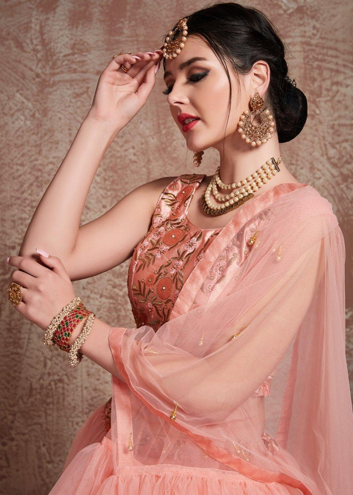 Rose Pink Designer Soft Net Lehenga with Sequins, Zari & Pearl work - qivii