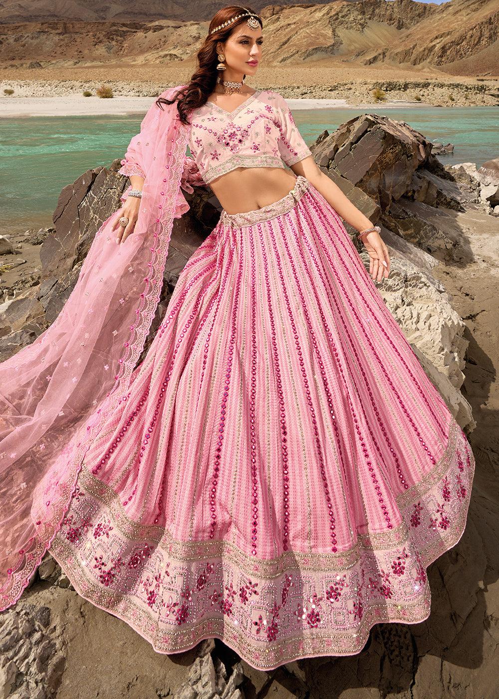 Rose Pink Georgette lehenga Choli with Mirror,Zarkan & Cutwork - qivii