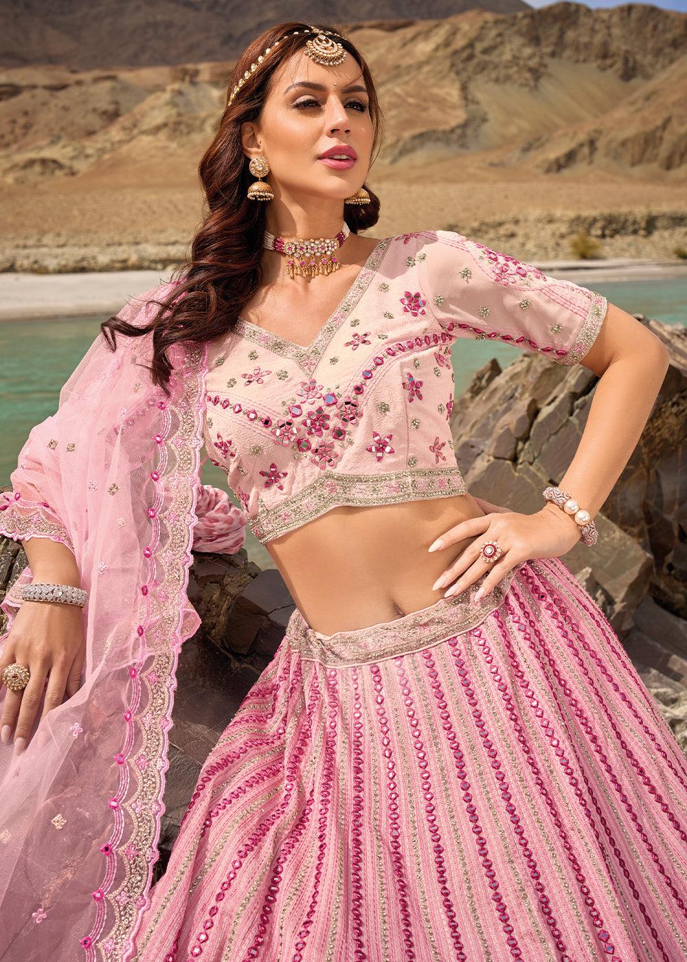 Rose Pink Georgette lehenga Choli with Mirror,Zarkan & Cutwork - qivii