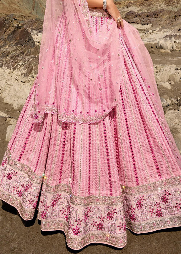 Rose Pink Georgette lehenga Choli with Mirror,Zarkan & Cutwork - qivii