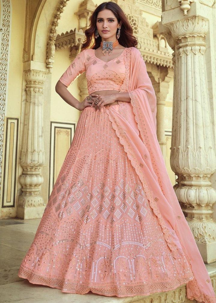 Rose Pink Georgette Lehenga Choli with Sequins & Thread work - qivii