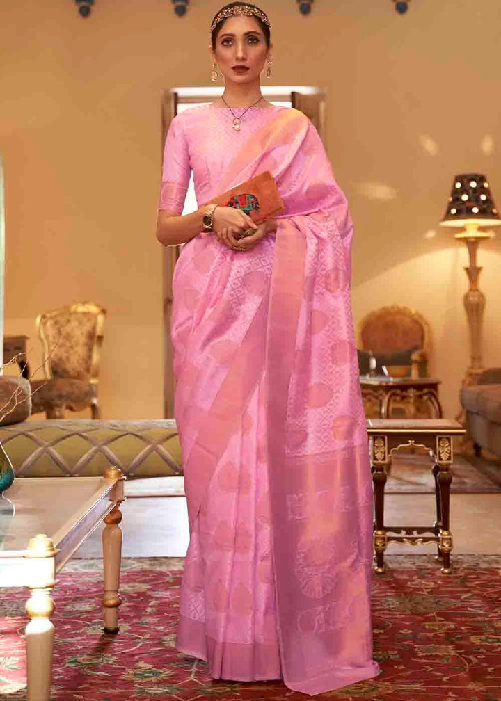 Rose Pink Handloom Weave Banarasi Silk Saree | Stitched Blouse - qivii