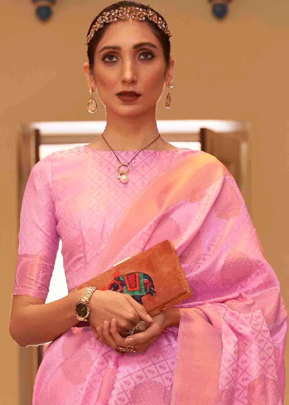 Rose Pink Handloom Weave Banarasi Silk Saree | Stitched Blouse - qivii