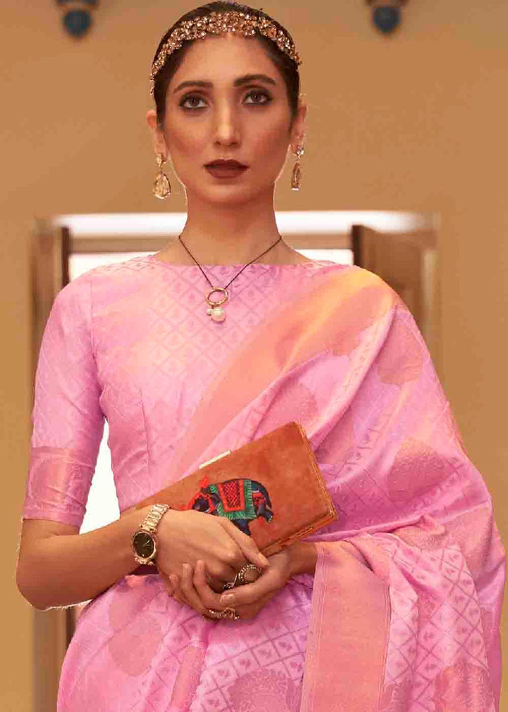 Rose Pink Handloom Weave Banarasi Silk Saree | Stitched Blouse - qivii