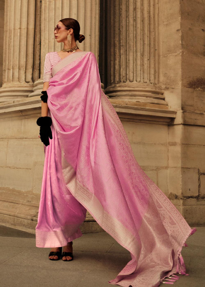 Rose Pink Handloom Woven Satin Silk Saree - qivii