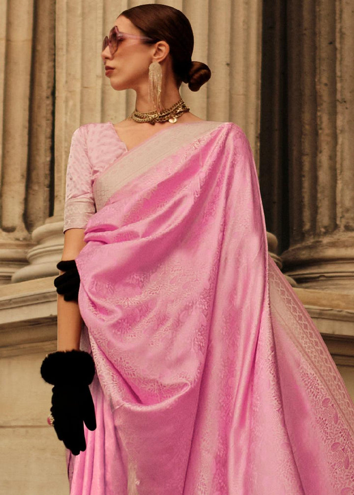 Rose Pink Handloom Woven Satin Silk Saree - qivii