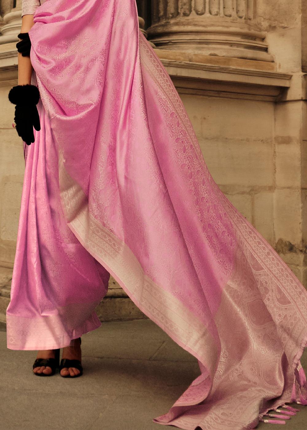 Rose Pink Handloom Woven Satin Silk Saree - qivii