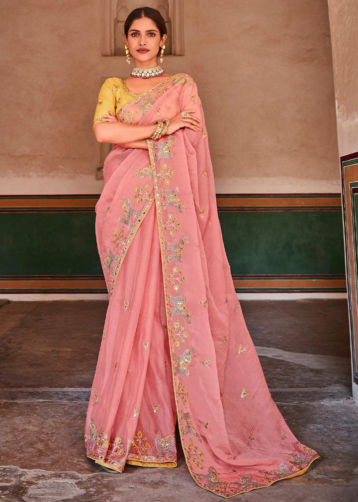 Rose Pink Organza Saree with Zari, Mirror & Thread work | Stitched Blouse - qivii