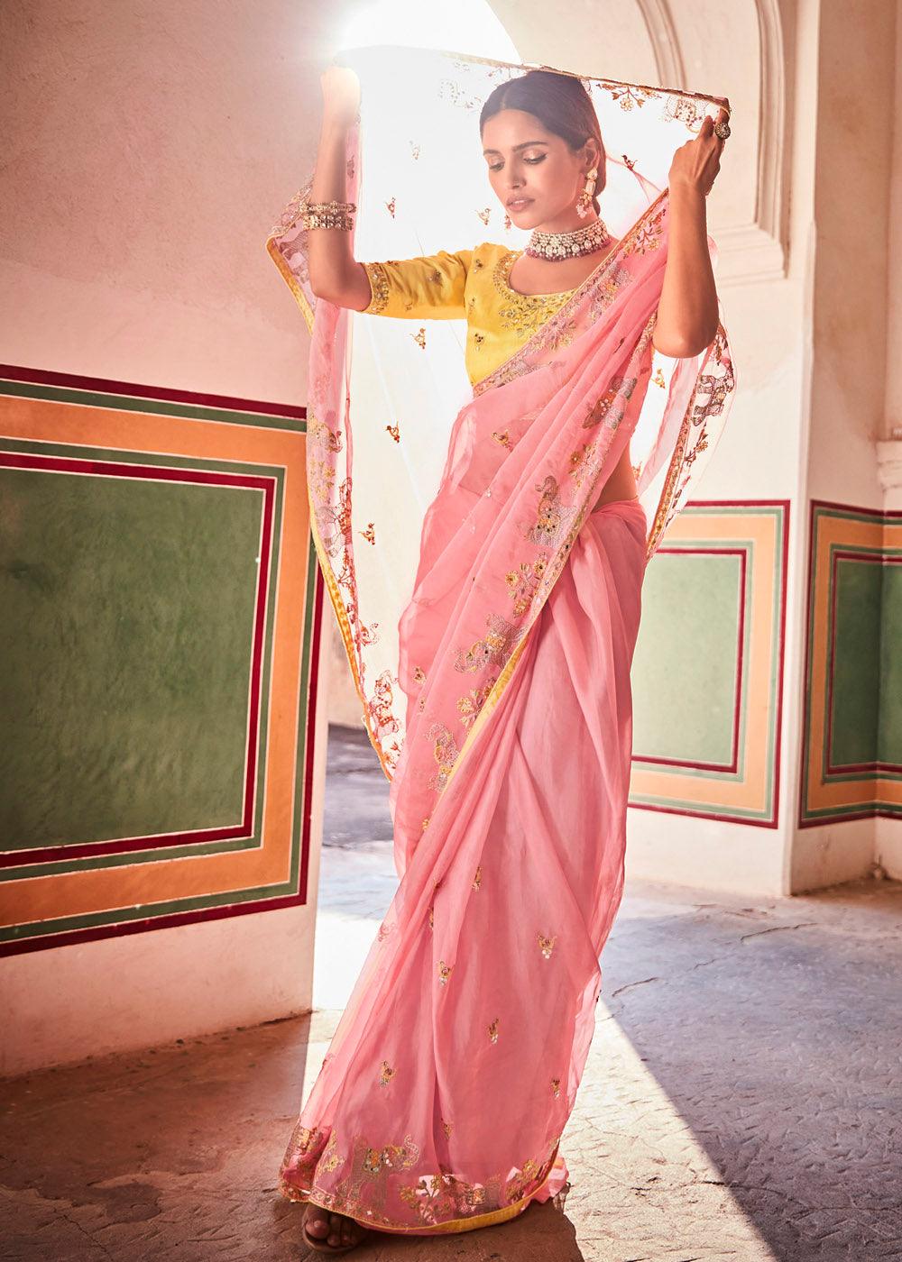 Rose Pink Organza Saree with Zari, Mirror & Thread work | Stitched Blouse - qivii