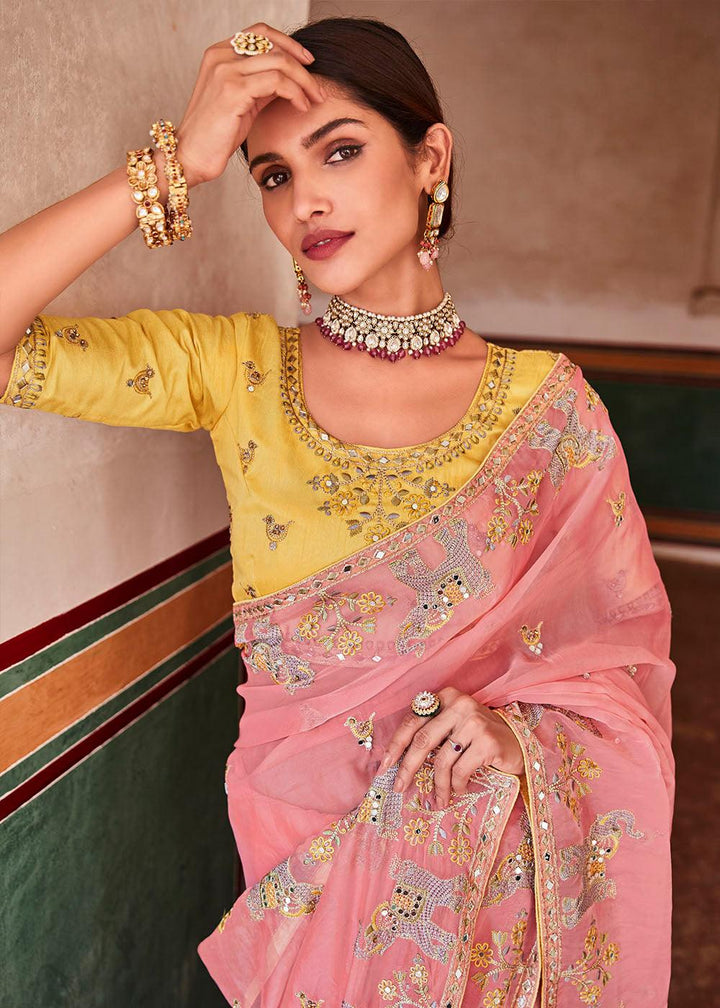 Rose Pink Organza Saree with Zari, Mirror & Thread work | Stitched Blouse - qivii