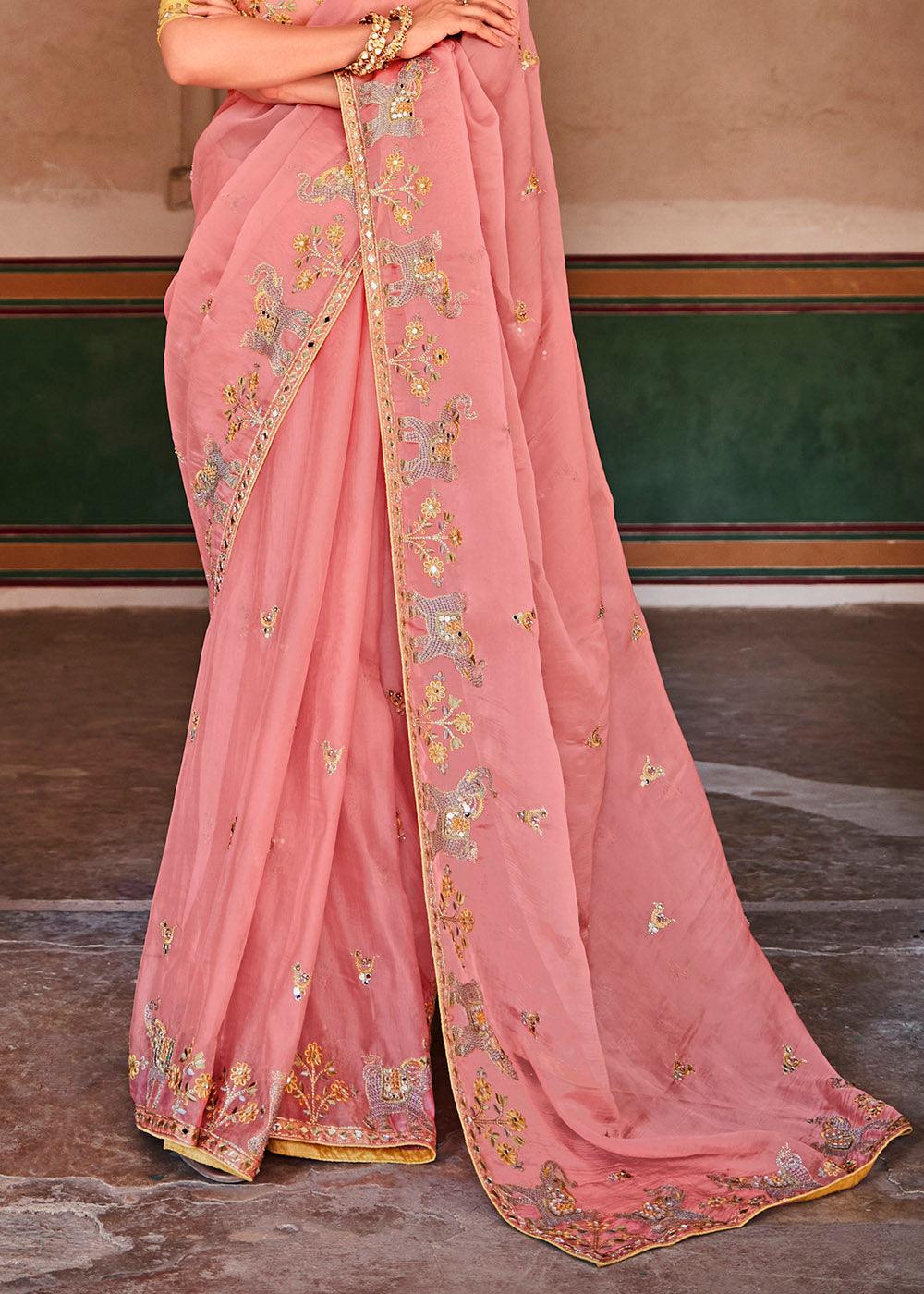 Rose Pink Organza Saree with Zari, Mirror & Thread work | Stitched Blouse - qivii