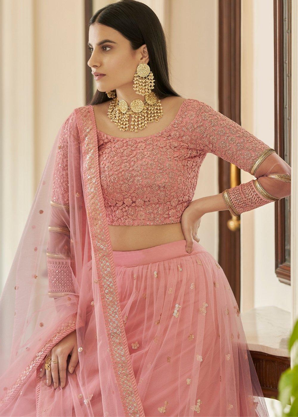 Rose Pink Soft Net Lehenga Choli with Resham, Sequins & Lace work - qivii