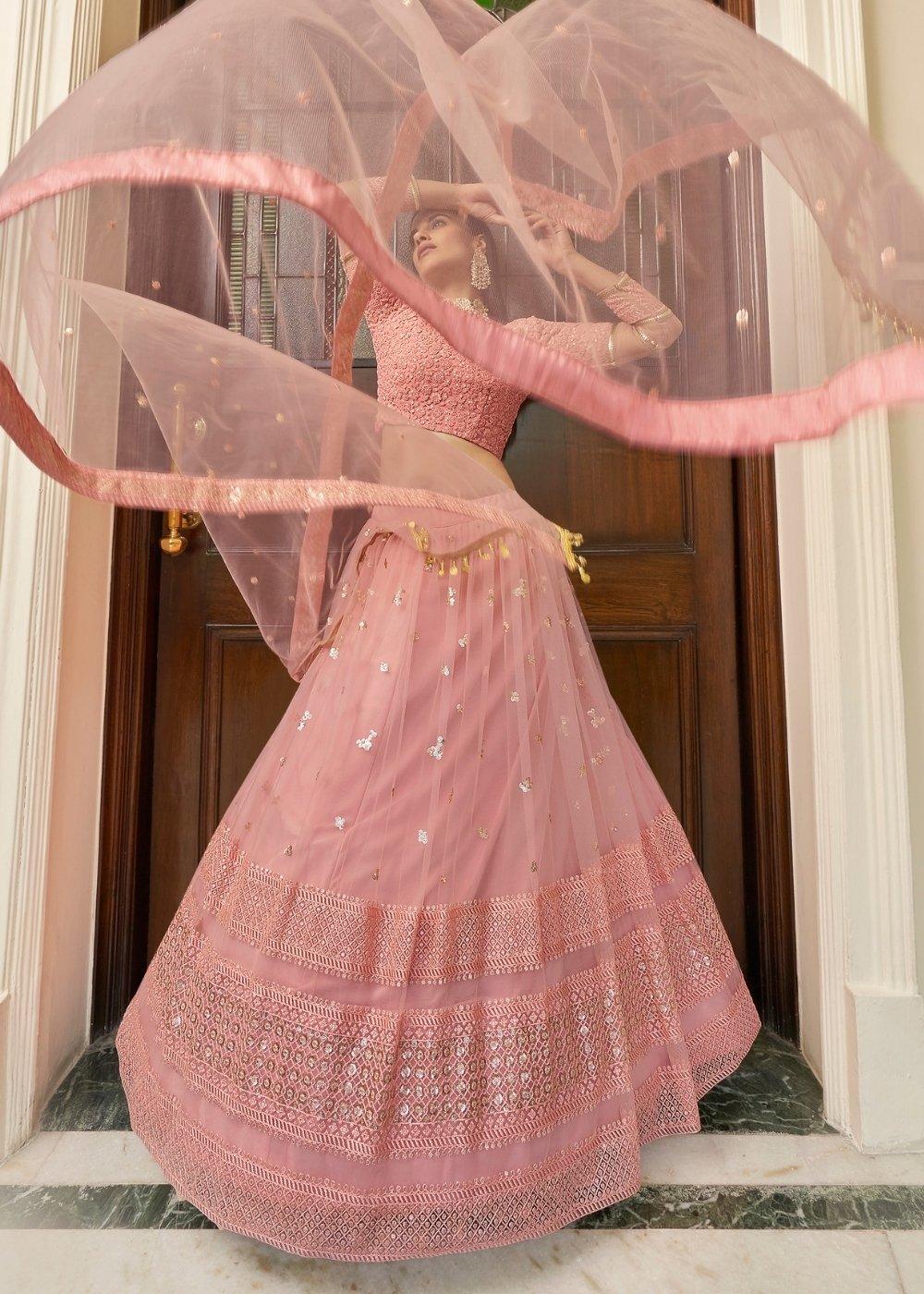 Rose Pink Soft Net Lehenga Choli with Resham, Sequins & Lace work - qivii