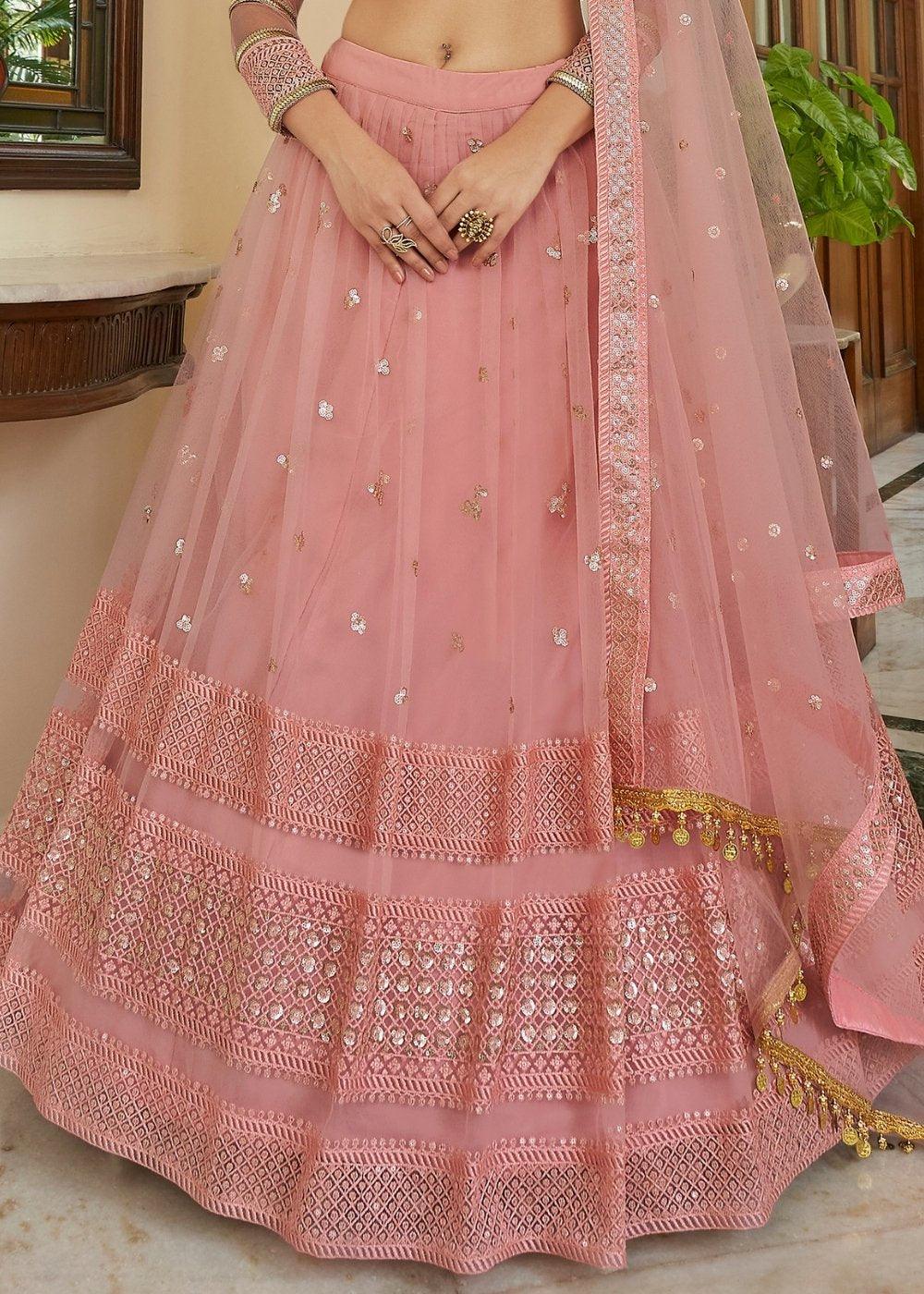 Rose Pink Soft Net Lehenga Choli with Resham, Sequins & Lace work - qivii