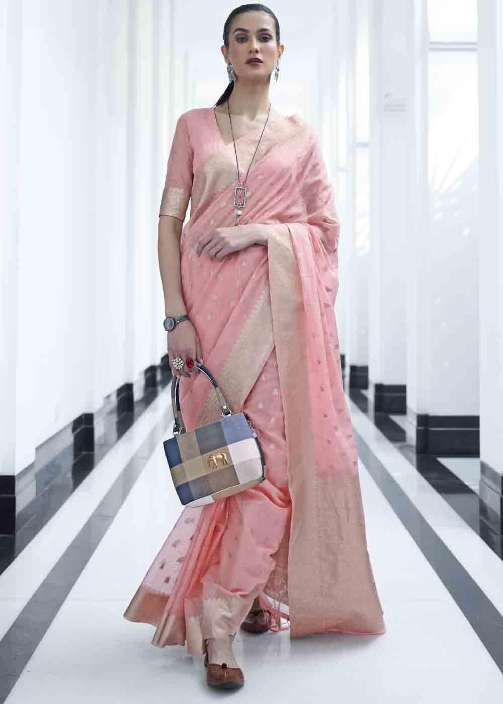 Rose Pink Woven Designer Silk Saree | Stitched Blouse - qivii