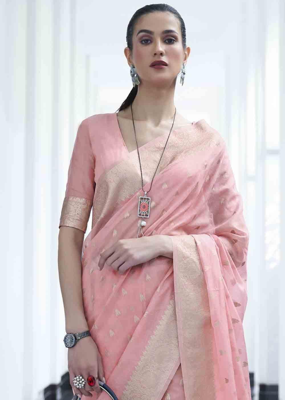 Rose Pink Woven Designer Silk Saree | Stitched Blouse - qivii