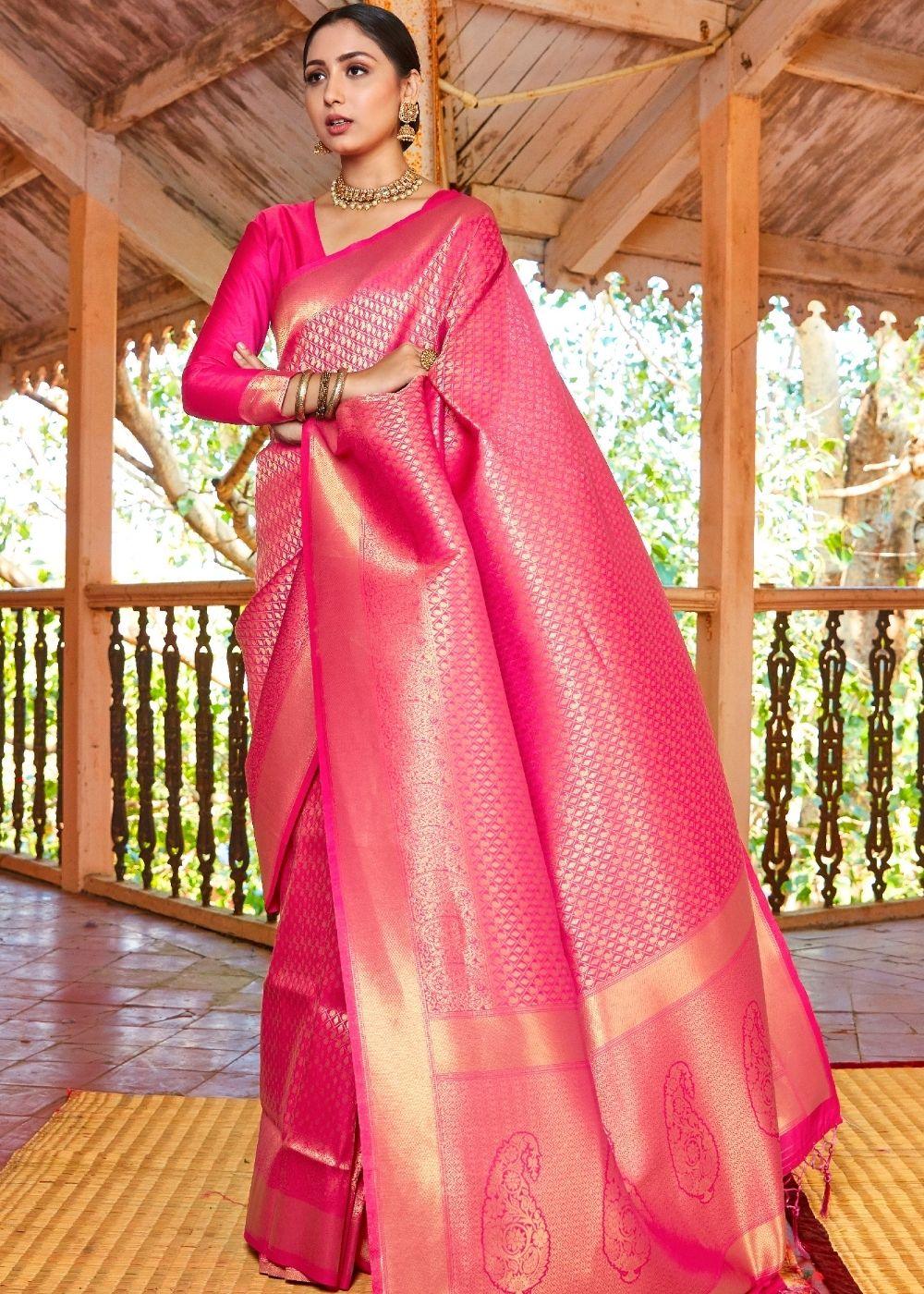 Rose Pink Woven Kanjivaram Saree:Limited Edition | Stitched Blouse - qivii