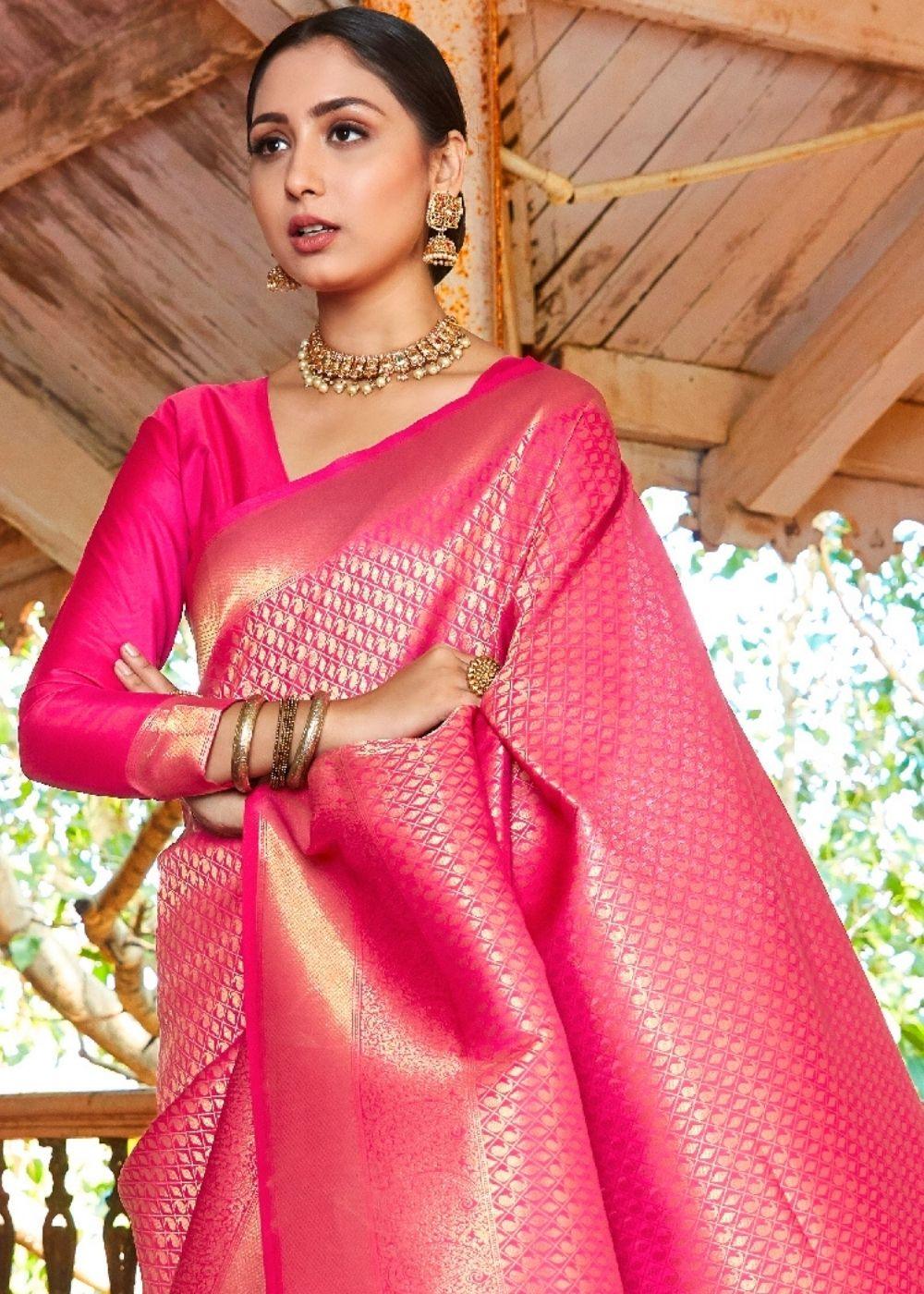 Rose Pink Woven Kanjivaram Saree:Limited Edition | Stitched Blouse - qivii