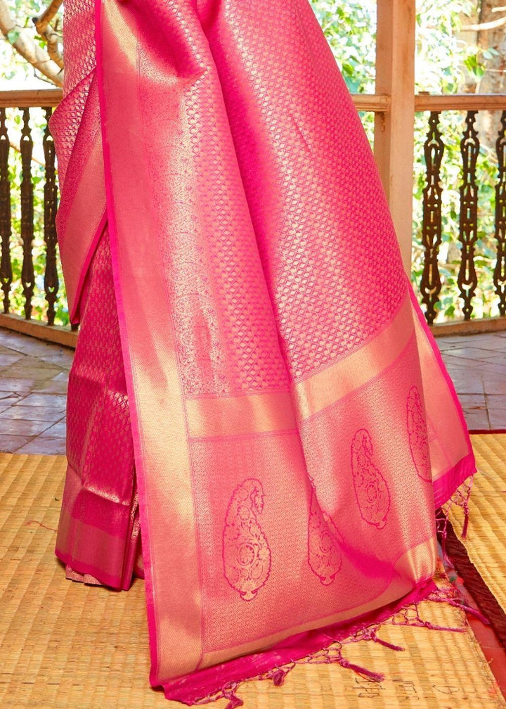 Rose Pink Woven Kanjivaram Saree:Limited Edition | Stitched Blouse - qivii